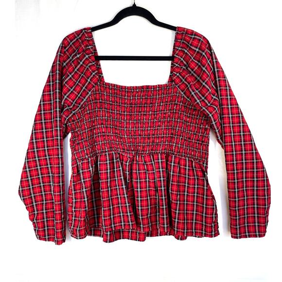 Old Navy Tops - OLD NAVY Red Tartan Plaid Blouse Size XL Dark Academia Holiday Fall Autumn